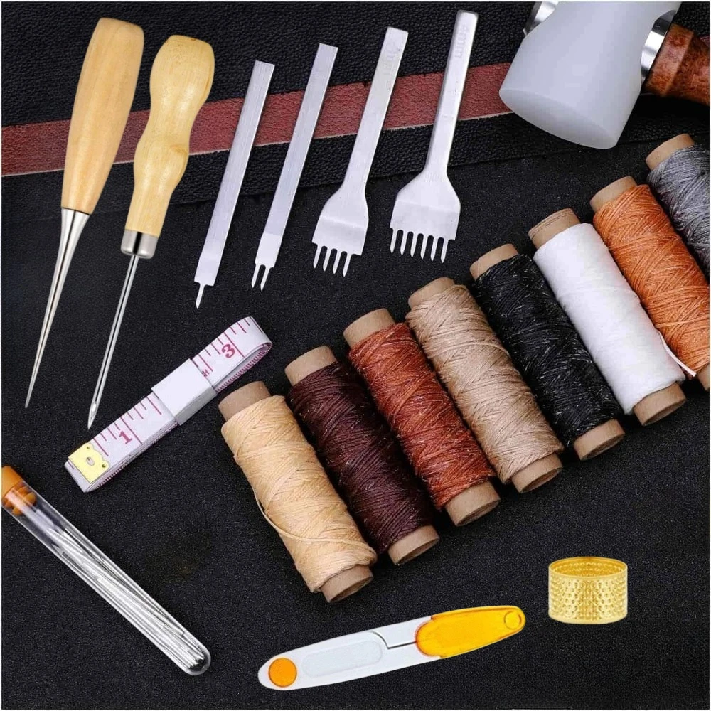 

34 Pcs Leather Sewing Tools 4mm Stitching Prong Punch, Color Waxed Threads, Awl, Leather Sewing Piercing Tool, Sewing Thimble