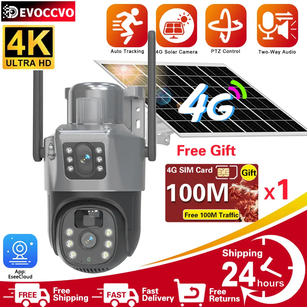 

4K 8MP 4G Dual Lens PTZ Solar Camera Dual Screen PIR Human Detection Outdoor Battery Secuity Surveillance Cam Free 4G SIM card