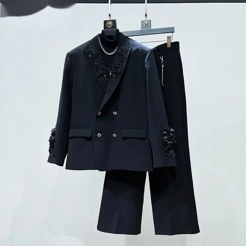 Niche Design Embroidered Floral Double-Breasted Suit Set Men Loose Casual Trousers 2026 Spring New Two-Piece MU70