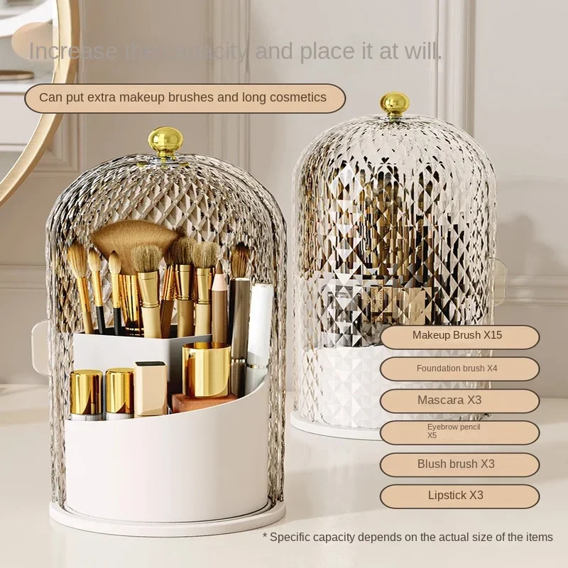 Diamond Birdcage Makeup Brush Holder with Lid 360°Rotating Dustproof Cosmetic Organizer Lipstick Storage Container Makeup