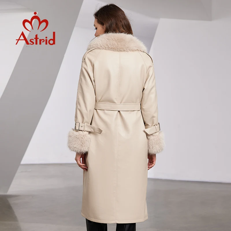 Aster D-gabardina de piel sintética para mujer, Cuello de piel de lujo con abrigo largo, cinturón de solapa, doble botonadura, chaqueta impermeable