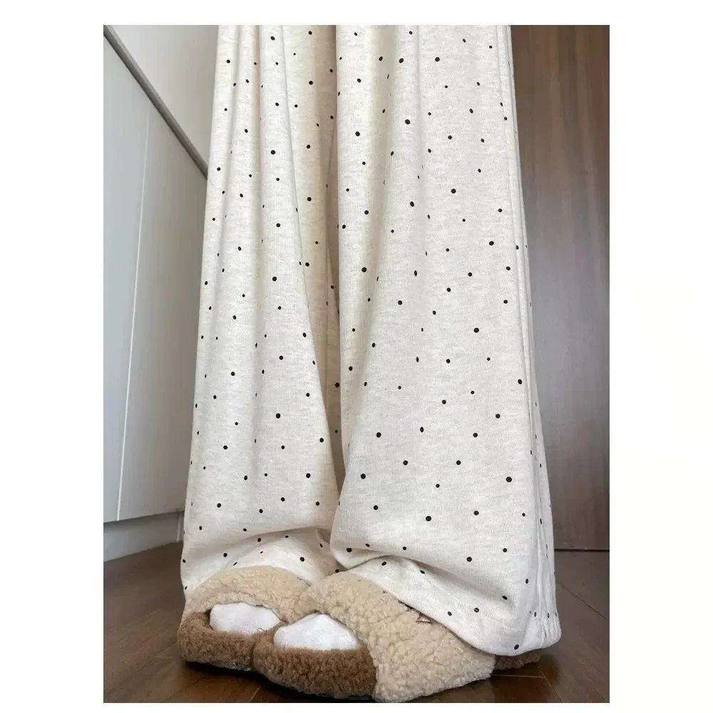 Beige Polka Dot Glutinous Rice Pants Women's Autumn Lazy High Waist Drape Casual Small Soft Waxy Wide Leg Pants Walking Pants