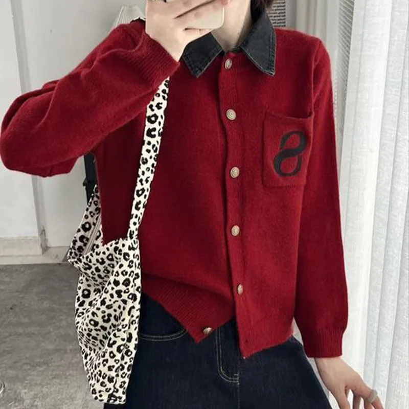 Autumn Winter New Fashion Embroidery Fake Two Pieces Sweaters Women Clothing Vintage Turn-down Collar Pockets Knitted Cardigan