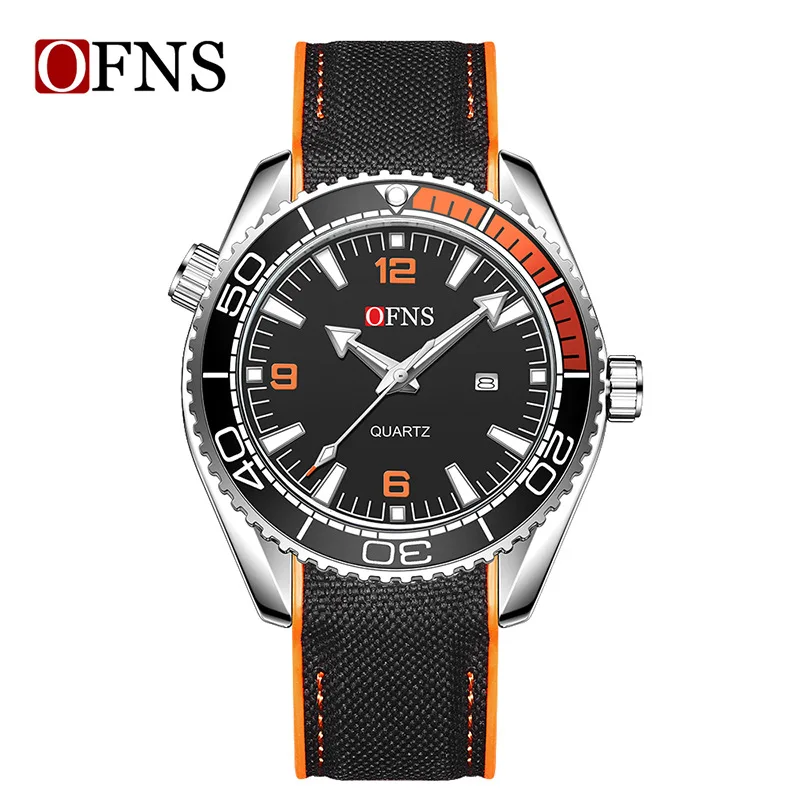 OFNS Fashion Business Leisure Men's Quartz Watch Calendar 3ATM Waterproof 3D Luminous Gear Crown Rotating bezel