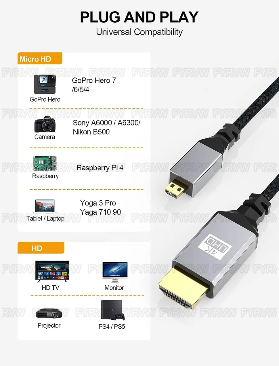 4K Micro HDMI-kompatibel zu HDMI-kompatibles Kabel für GoPro Hero Raspberry Pi 4 Sony A6000 Nikon Yoga 3 Kamera Micro HD zu HDTV – Detail 6