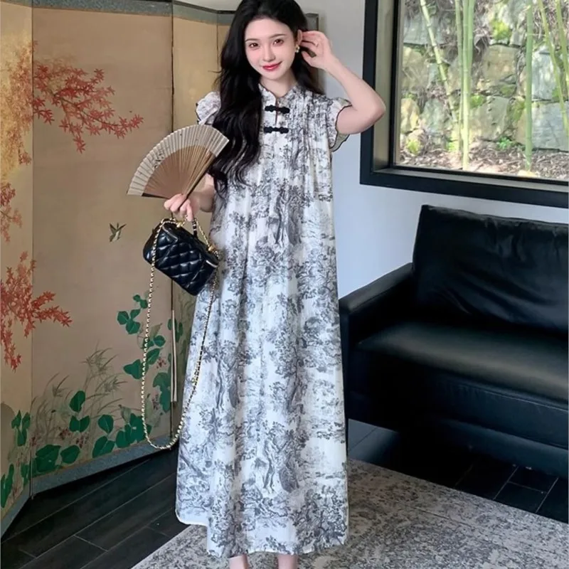 

New Chinese Ink Painting Pregnant Women's Breathable Dress Summer 2025 Simple Maternity Short Sleeved Printed Long Dress LI265