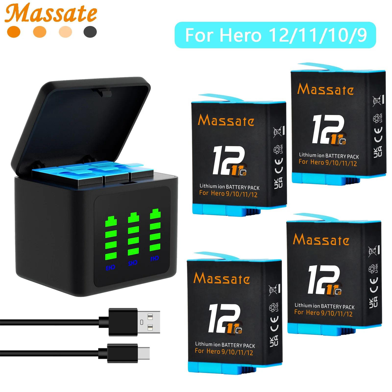Massate 2000mAh GoPro Hero 12 Rechargeable Li-ion Battery +3-Slots Storage Charger Box For GoPro Hero 12 11 10 9 Action Cameras