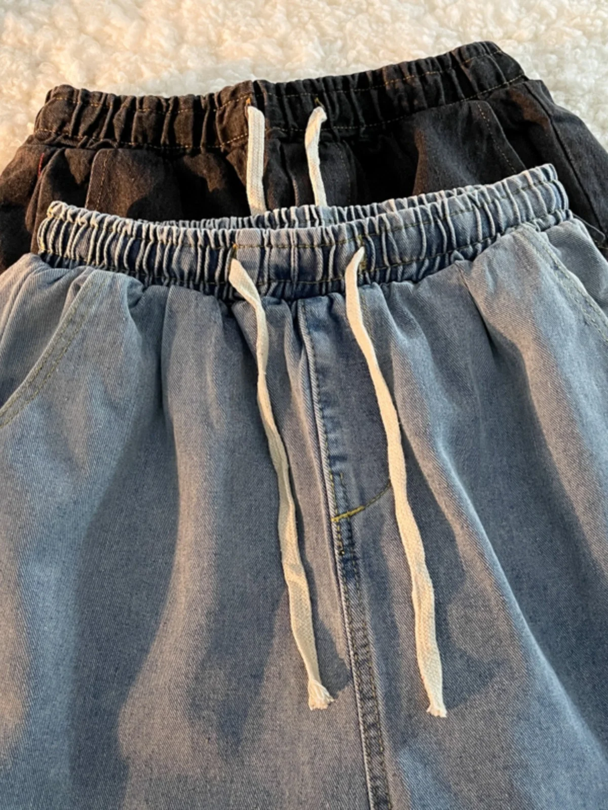 

Trendy Elastic Waistband Men's Jeans Loose Straight Leg Harem Nine Points Casual Trousers Autumn Spring Korean Style Japanese...