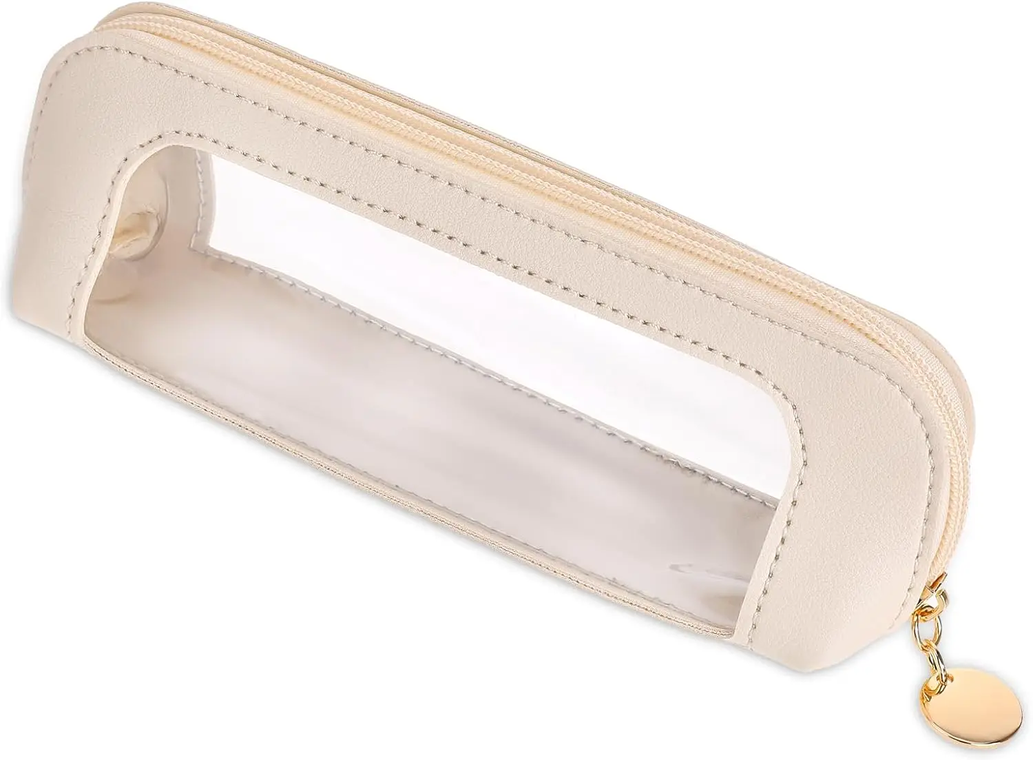 

Clear Travel Makeup Bag, PU Leather Cosmetic Pouch with Zipper, Portable Transparent Organizer for Women, Beige