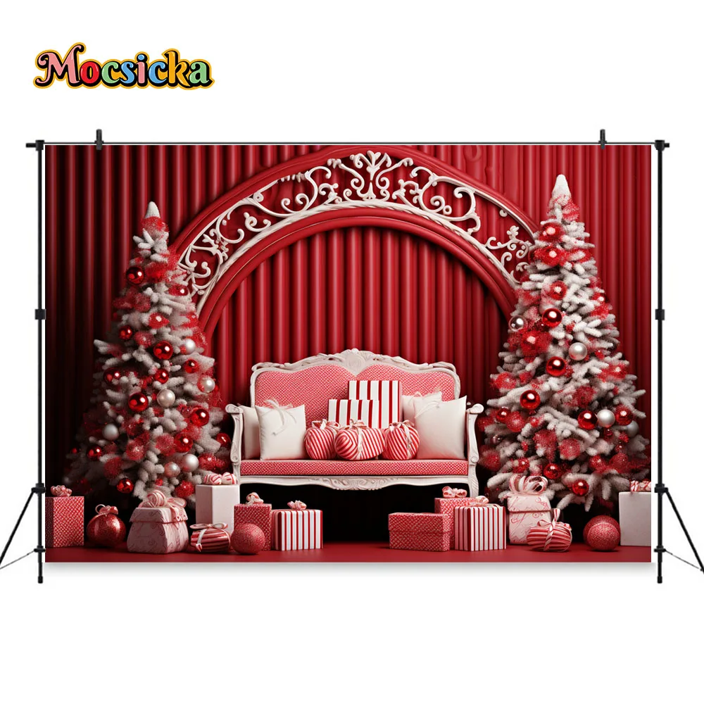 Merry Christmas Retro Red Wall Backdrop for Photography Xmas Tree Gift Room Sofa Decor Background Prop Kid Family Portrait Photo