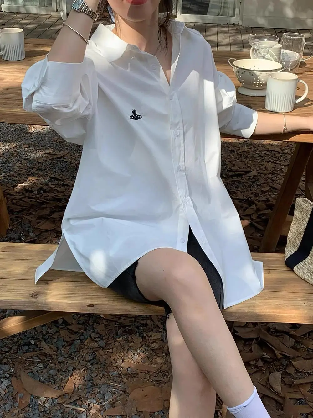 Fashionable Commuter Embroidered White Long Sleeve Women's Shirt Casual Spring Summer Loose Fit Early Autumn Neck Cotton