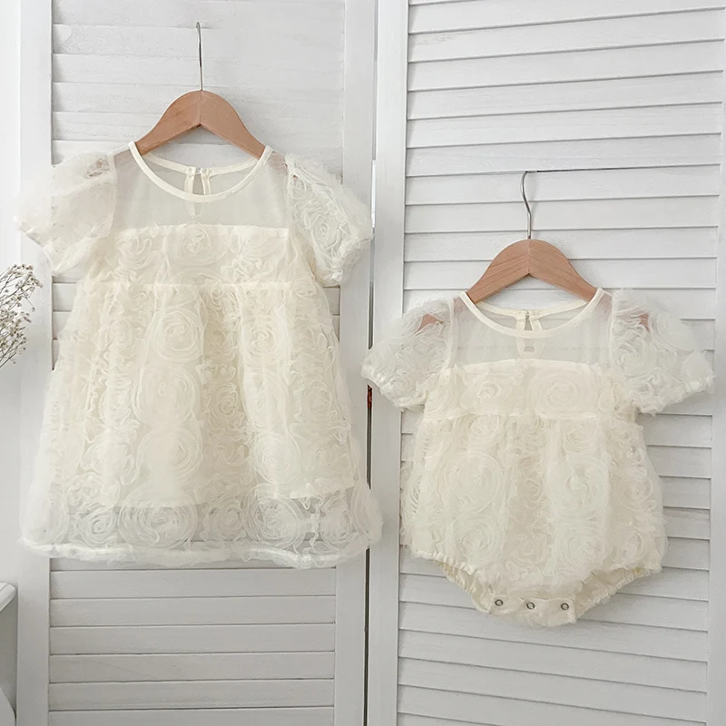 New Summer Infant Clothes Sister Look 2024 Sister Embroidery Baby Girl Petal Collar Romper Elegant Princess Birthday Party Dress