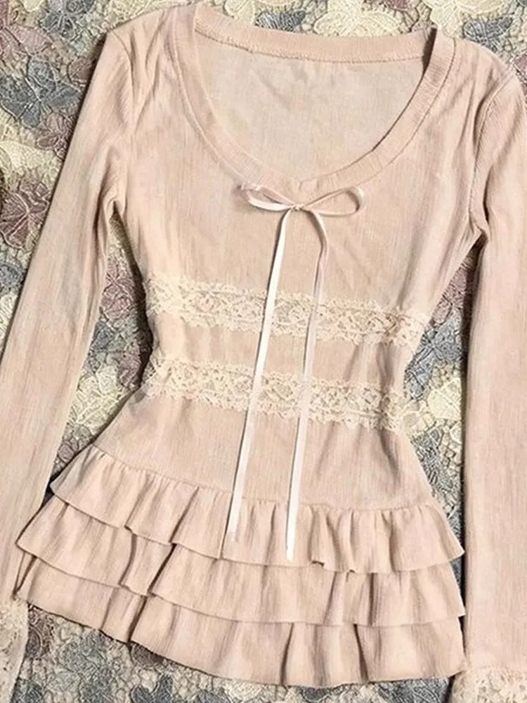 Pure Desire Lace Splice Long Sve T-irt Women's Autumn Sweet Waist Cinching Slimming Base Layer irt Top