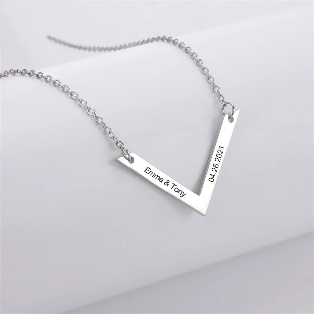 

Customized Engraving Name Date Women Necklaces Personalized Stainless Steel V-shaped Pendant Men Necklaces Jewelry Holiday Gifts