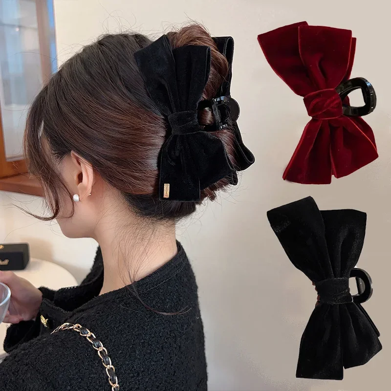 

Advanced Texture Velvet Hair Clips Black Double-Sided Bow Shark Clips Women Back Head Hairpin Fashion Barrettes Hair Accessories