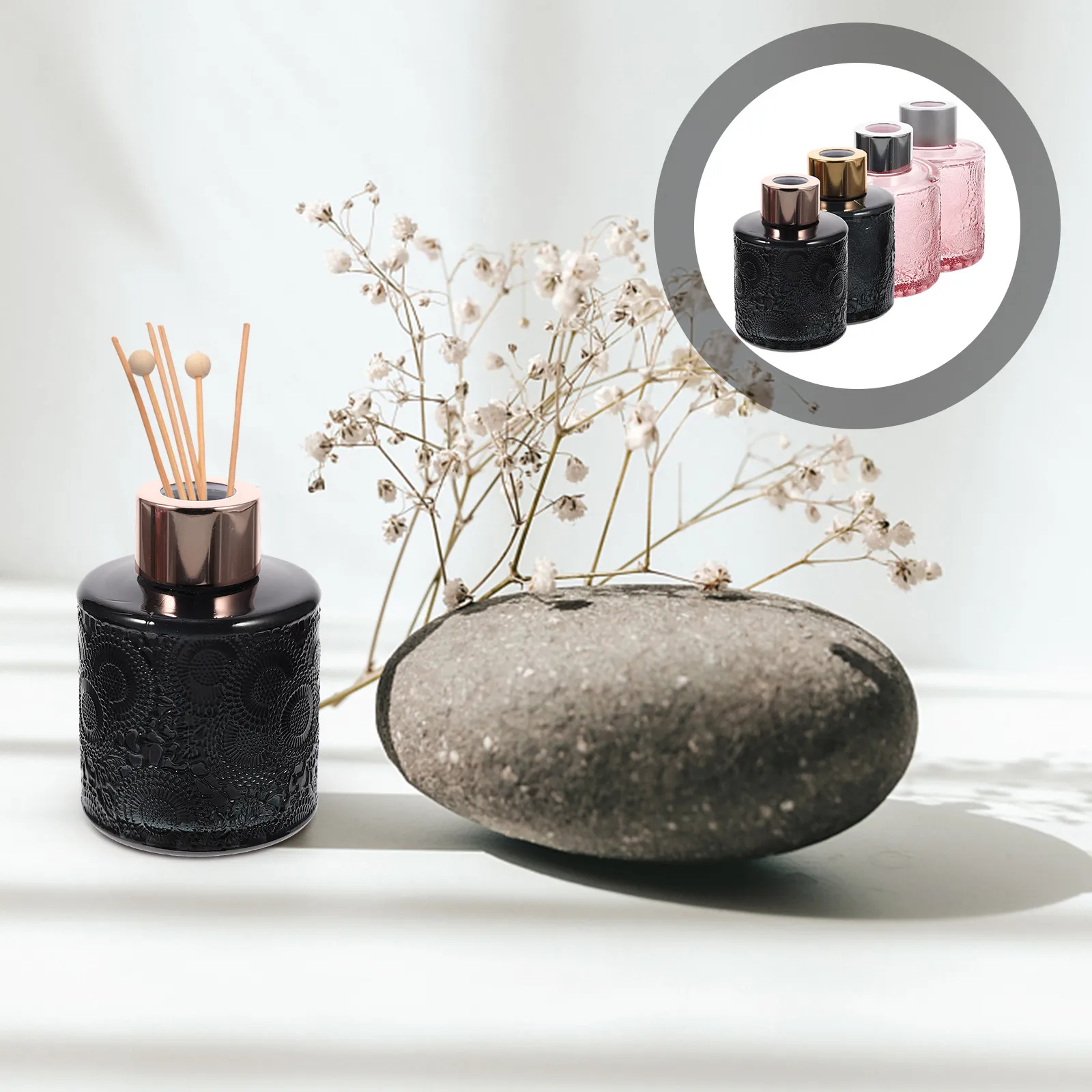 

4Pcs Glass Aroma Bottles Embossed Perfume Containers Wide Mouth Diffuser Bottles Home Bedroom Decor Essential Oil Fragrance