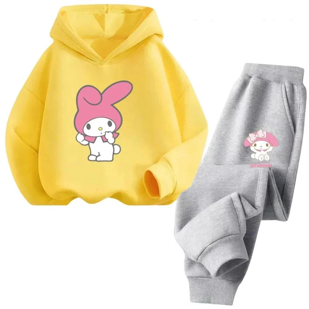 Primavera e autunno 2024 Sanrio Melody Abbigliamento per bambini Felpa con cappuccio per ragazze Set Top con cappuccio Graffiti Stampa di cartoni animati Stile carino