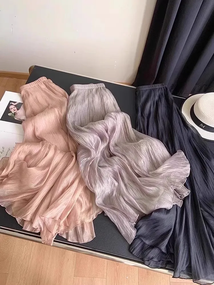 

Легкая жемчужная стеклянная юбка-миди с тонкой эластичной резинкой на талии, футболка с объемным вырезом, летняя юбка трапециевидной формы, свободная посадка