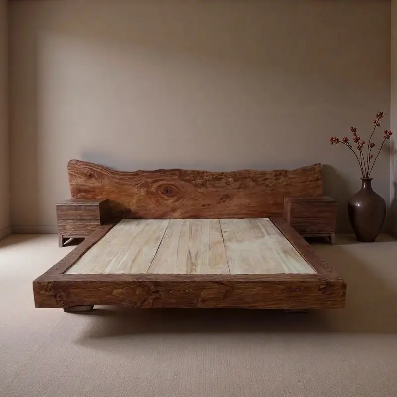 Natural wood double bed, master and secondary bedrooms, tatami mat bedroom, hotel decoration, weathered wood floor-length bed