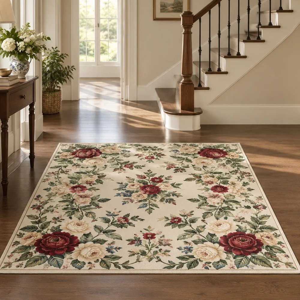 VIKAMA Rug Carpet Cream White English Rose Bouquet Thickened Foldable Staircase Master Bedroom Kitchen Home Office Room Decor