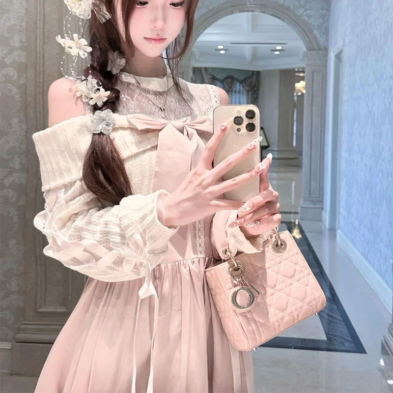 Kyoto Noble Girl Autumn and Winter Clothing Japanese Off Shoulder Bow Waist Slimming Long Dress Party Date Princess Dress