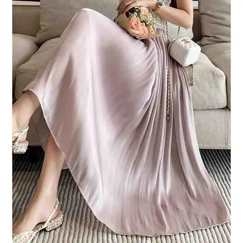 

Female Summer Advanced Sense Flowing Light Mid Length A-line Gauze Skirt Women Solid Color Socialite Large Swing Umbrella Skirt