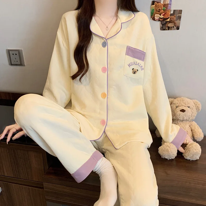 

Cartoon Bear Instagram Solid Colour Minimalist Layered Air-Cushioned Cotton Autumn/Winter Warm Pyjamas Ladies' Homewear Set
