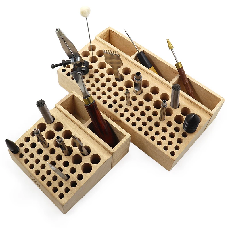 QJH Handwerkzeughalter-Box mit 46/98 Löchern, Organizer, Holzständer für Lederhandwerk, Stanzwerkzeuge, Schnitzwerkzeuge, Bohrer-Aufbewahrung