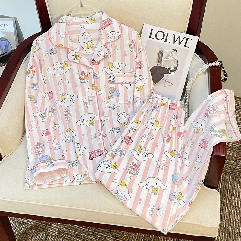 New Yugui dog women\'s pajamas autumn pure cotton long-sleeved trousers lapel silk pajamas women\'s Sanrio loungewear pajamas