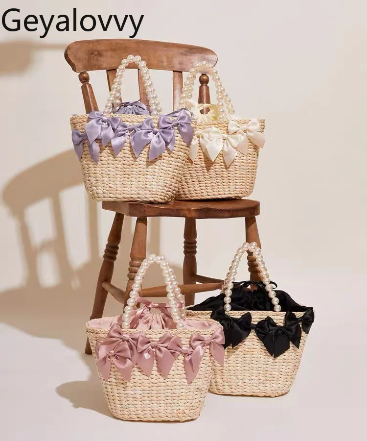 

Japanese Style Woven Pearl Handle Shoulder Bag Sweet Cute Girls Versatile Bowknot Handbag Women's Outing Makeup Pouch