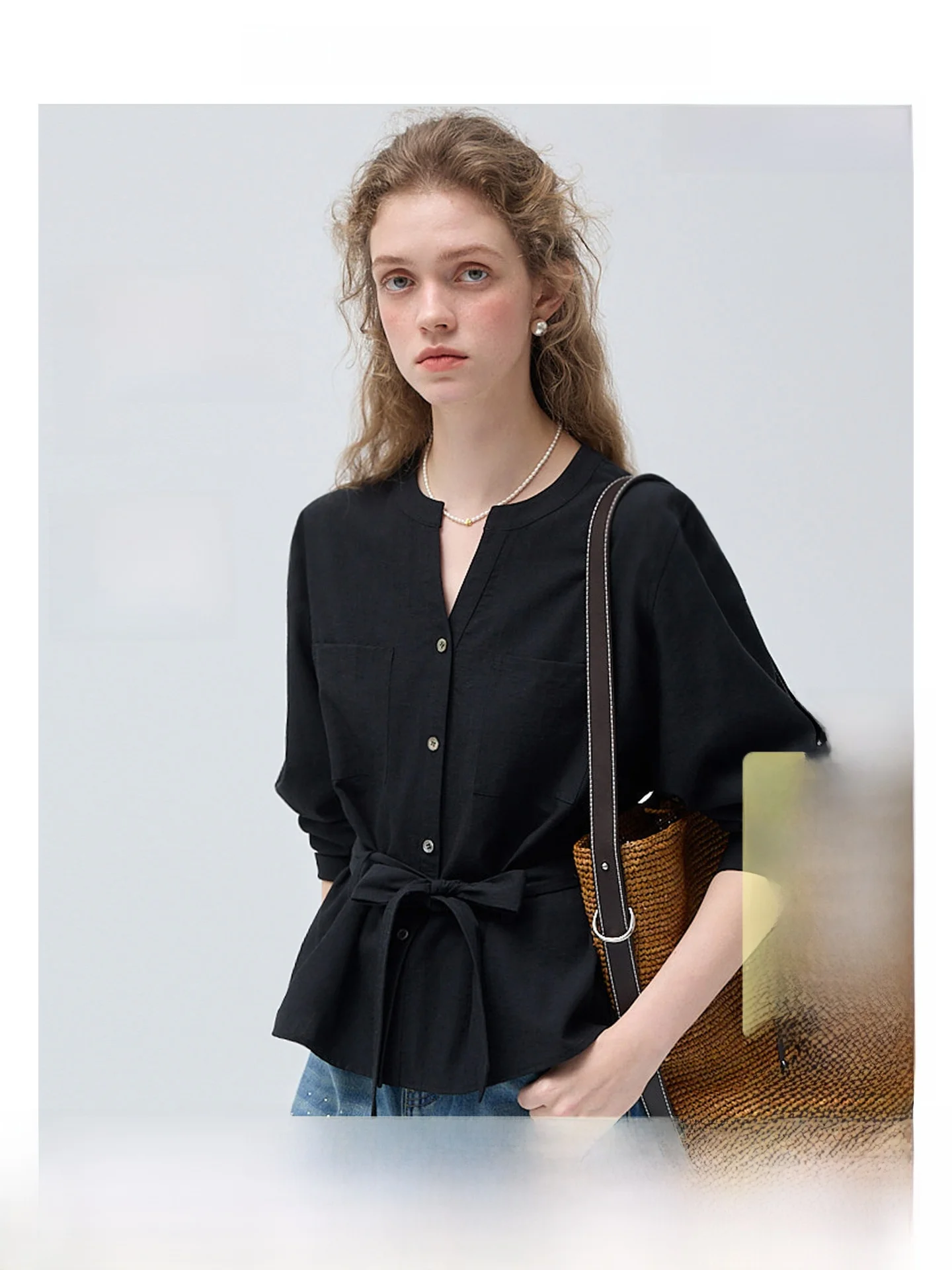 

Vegachang Rcelle Shirt Waist Cinching Long Sleeve V Neck Casual Breathable Women's Spring Fashion Office Style Loose Fit