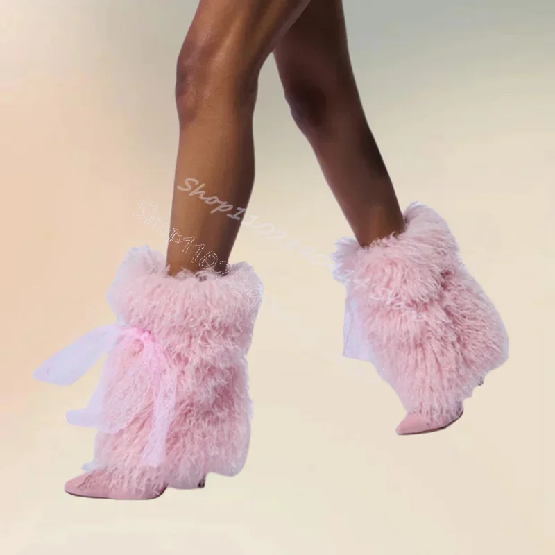 Pink Feather Riband Patent Leather Pointed Toe Boots Side Zipper Women Shoes Thin High Heels New Party 2024 Zapatos Para Mujere