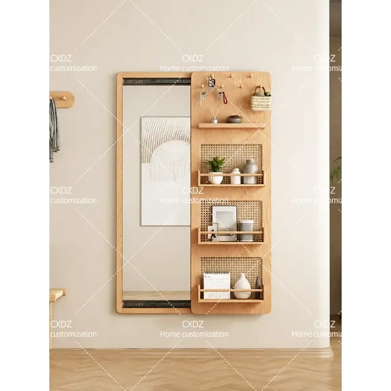 Modern Simple Solid Wood Full Body Mirror Wall Mounted Fitting Mirror with Hidden Push Pull Storage for Bedroom Home Decor