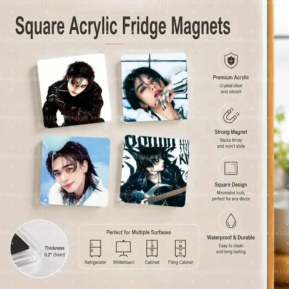 H-Hyunjin SKZ Kids S-Stray Square Fridge Magnet Custom Printed Magnetic Sticker, Kitchen Refrigerator Decor Travel Souvenir Gift