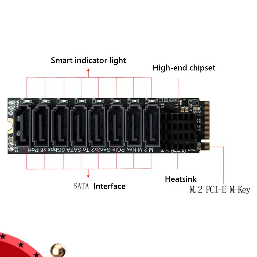 M.2 PCIE To SATA Expansion Card ASM1166 6Gbps 8 Port M.2 NVMe To SATA 3.0 Expansion Card with Smart Indicator for Desktop PC