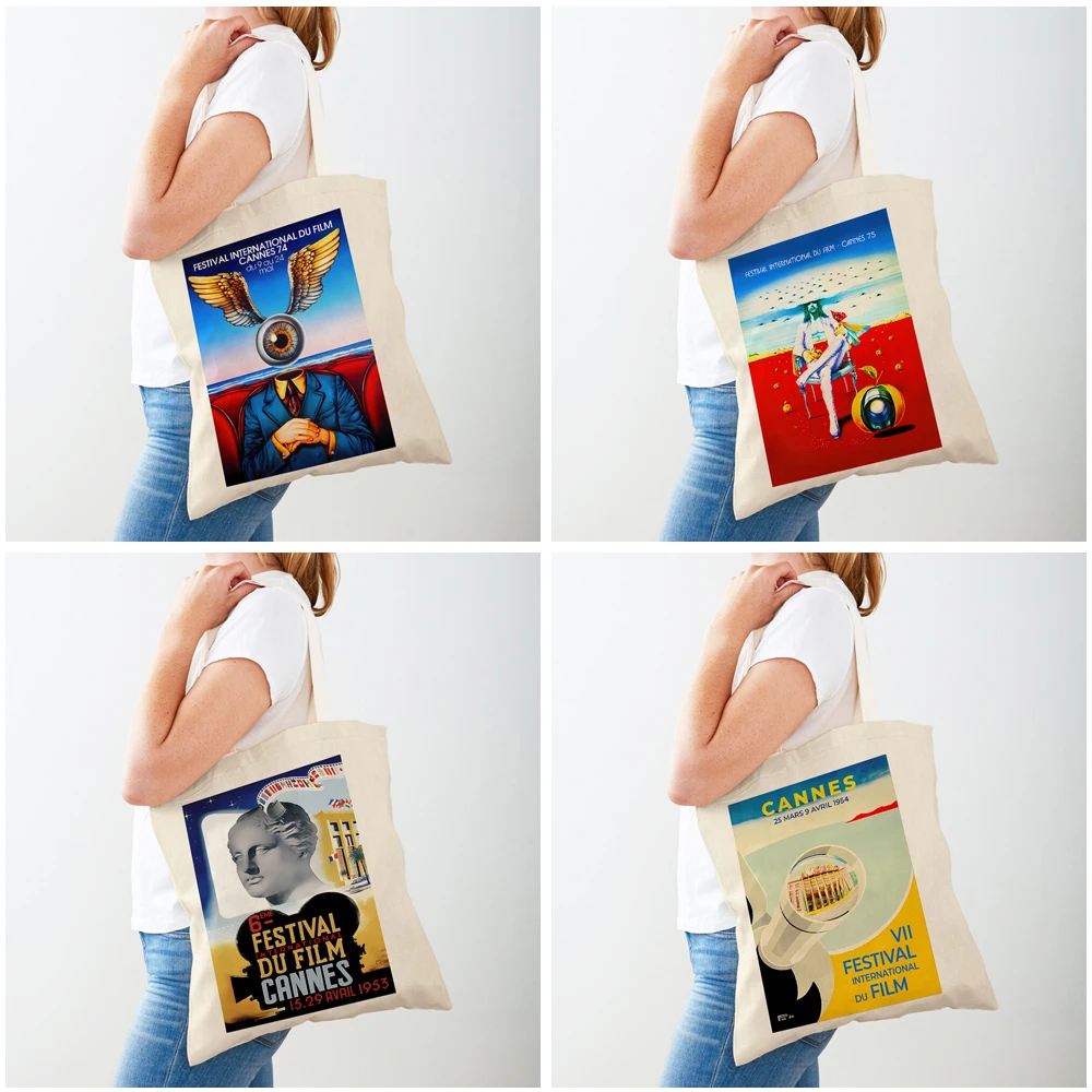 Ladies Shopping Bag CartoonRetro Cannes Film Festival Vintage Movie Handbag Foldable Cloth Shopper Harajuku Canvas Tote