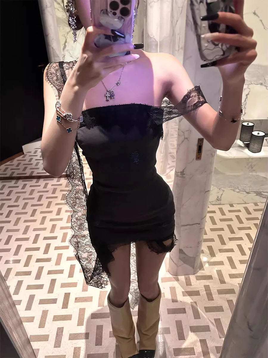 REDDACHiC Stitch Lace Flounce Mini Dress Women Black Sleeveless Corset Destroyed One-piece Bodycon Dress Summer Night Clubwear