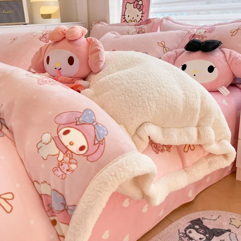 Kawaii kuromi olá kitty minha melodia cinnamoroll pompompurin sanrio crianças bonito capa de edredão de pelúcia lençol presente para crianças