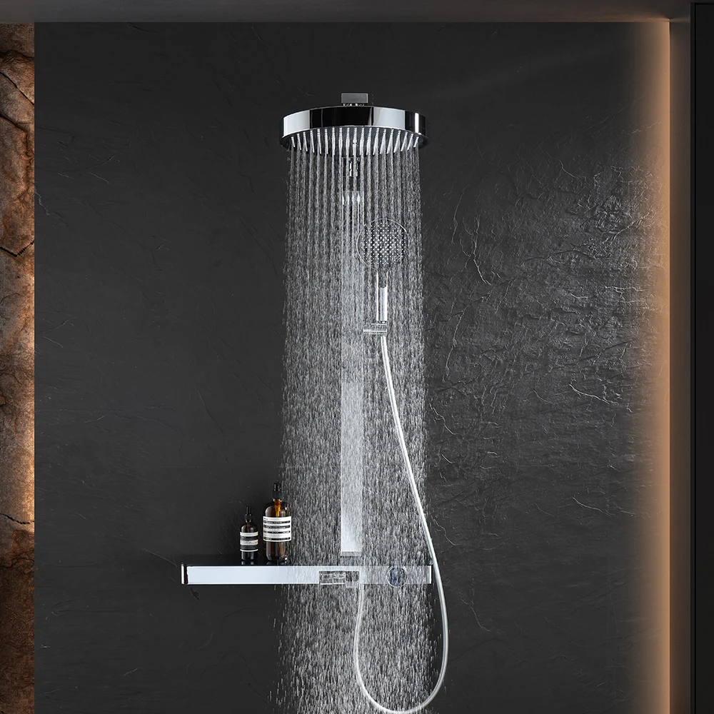Chrome Digital Piano Bathroom Shower Set 12 Inch Round Rainfall Shower Head Hot Cold Brass Piano Digital Bathroom Shower System