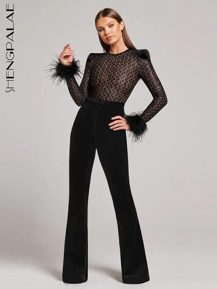 

SHENGPALAE Fashion Sexy Lace Sequin Feather Bandage Jumpsuit For Women 2024 Spring Summer New Design Sense Y2k Clothes 5C1055