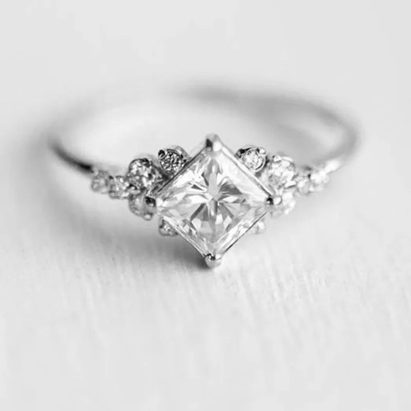 Huajie Gold/Silver Tone Square Cut Clear Zirconia Halo Split Shank Rings for Women Wedding Chic Dazzling Ring Jewelry