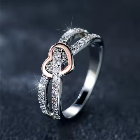 Simple Female White Zircon Stone Ring Rose Gold Silver Color Heart Engagement Bride Wedding Jewelry For Women