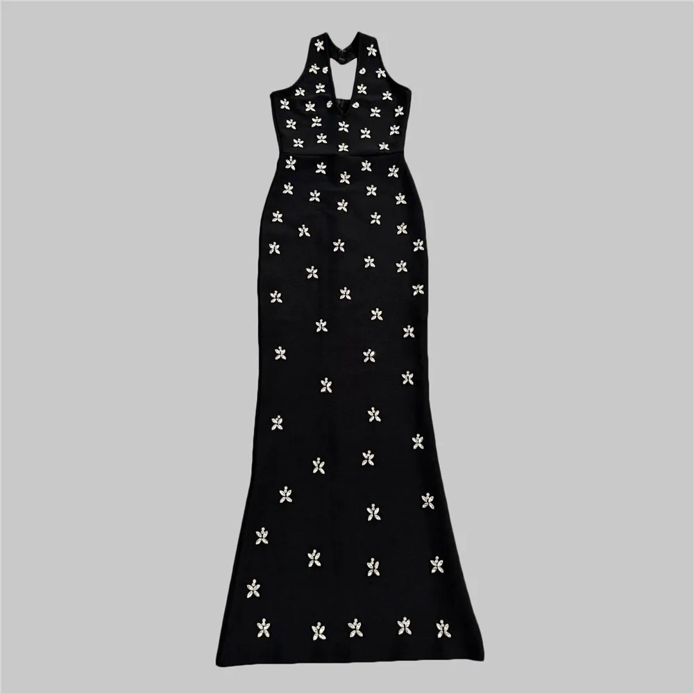 Women Sexy V-Neck Beading Bandage Dress Backless Halter Clothes Club Party Celebrity Maxi Dresses