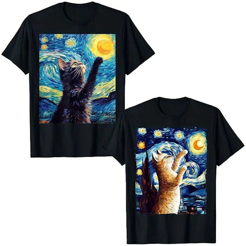 Starry Night Cat, Oil Painting Cat,Black Cat T-Shirt Cute Kitty Lover Graphic Tee Top Short Sleeve Blouses Kitten Lovely Outfits