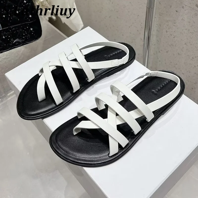 

Summer Real Leather Flip Flops Comfortable Roman Sandals Women's Flat Bottomed Cross Back Strap Sandalias Casual Vacation Shoes