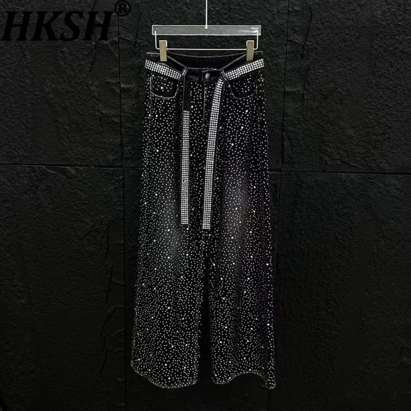 

HKSH Spring Autumn New Men's Tide Heavy Black Diamond Washed Jeans Vintage Niche Casual Loose Wide-Leg Trend Denim Pants HK11121