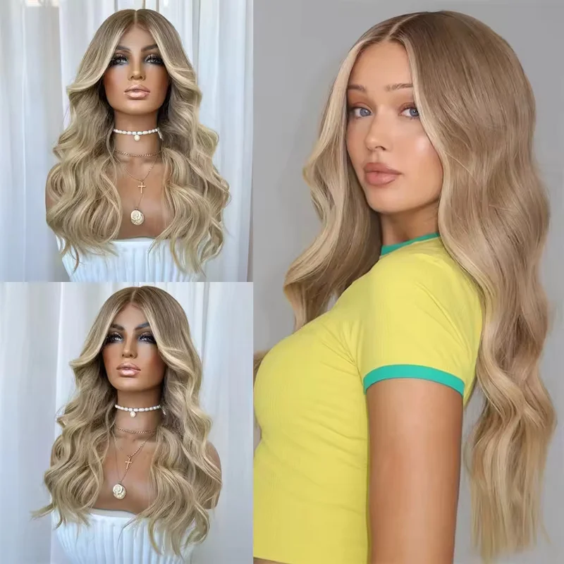 Dark Blonde Roots Highlights Beige Blonde Lace Front13x6
