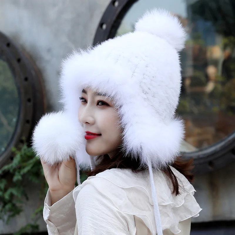 Mink Fur Hat Women Winter Mink Fur Woven Hat With Long Rope Fox Fur Ball Lady Natural Mink Fur Beanies Hat White Furry Fur Cap