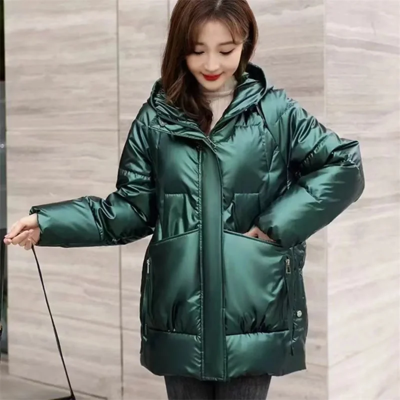 New Winter Women Cotton-Padded Jacket Mid-Length Hooded Coat Shiny Wash-Free Korean Thickened Down Padded Jackets Female Top