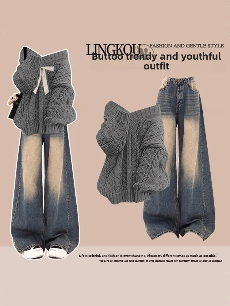 

plus Size Autumn High-End Knitted Sweater Set Women's Loose Vintage Sle Long Sve V-Ne Casual Faion plus Size Set